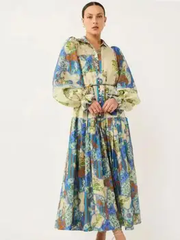 2024 Vintage Print-line Liels Hem Zaudēt Sieviešu Garo Kleitu Elegants Ikdienas Modes garām Piedurknēm Rudens Jaunā Sieviete Maxi Kleita