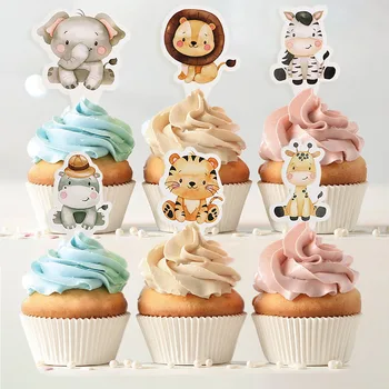 Baby Duša, Dzīvniekiem Cupcake Toppers Džungļu Safari Tēmu Puse, Piegādes Happy Birthday Party Kūka Topper Deserta Kūka Rotājumi