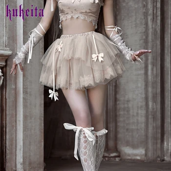 Baleta Stila Bowknot Acs Tutu Svārki Lolita Salds Gudrs Mežģīnes Kroku Tilla Kūka Mini Svārki Bumbu Kleita Streetwear