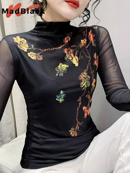 MadBlack Eiropas Apģērbu Tshirt Sievietes augstu uzrullētu apkakli Nostāju Drukāt Slim Acs Top garām Piedurknēm Tees Rudens Ziemas T37066JM