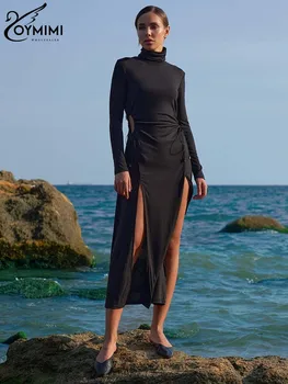 Oymimi Modes Black Slim Sieviešu Kleita Elegantu augstu uzrullētu apkakli Dobi Outd Kleitas Gadījuma Mežģīnes-Up Sānu Spraugas Vidum Teļš Sieviešu Kleitas