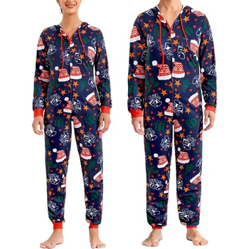 Pāris Ziemassvētku Pidžamu Vīrieši Sievietes Sleepwear Karikatūra Izdrukāt Rāvējslēdzēju, Garām Piedurknēm Aukliņu Kapuci Romper Naktsveļu Loungewear