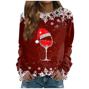Sieviešu Modes Ziemassvētku Drukāt Sporta Krekls Rudens Ziemas Apaļu Kakla Džemperis Ar Garām Piedurknēm Topi Tendence Ziemassvētku Vīna Glāzi Izdrukāt