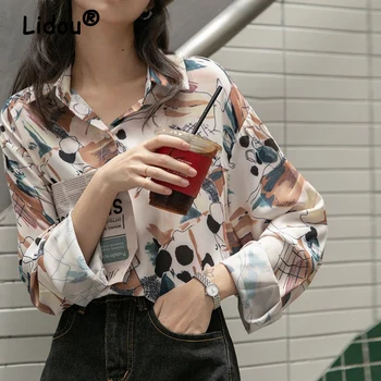 Sieviešu Vintage Print Šiks Pogu Up Krekls Moderns Streetwear Harajuku Asimetriska Blūze Gadījuma Garām Piedurknēm Zaudēt Top Sieviete Blusas
