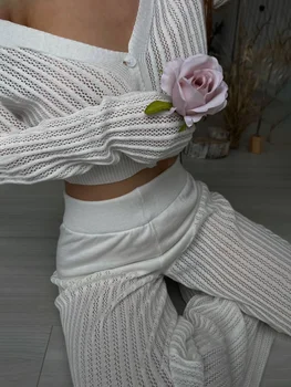 Tossy Sieviešu Ikdienas Trikotāžas Džemperis Tērpiem Pogas Redzēt-Ar Garām Piedurknēm, Augsta Vidukļa Adīt Divas Gabals Modes Apģērbs Bikses