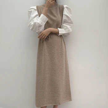 Trikotāžas Raibs 2022 Kleitas Rudens Ziemas Jauno Silts Vintage Korejas Džemperis Kleita Sievietēm Bieza Sieviete Apģērbs Elegants Cieta Mantija