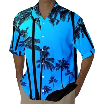 Vīriešu Īsām Piedurknēm Ikdienas Stila Krekls 3D Drukas Piejūras Kokosriekstu Saulrieta Drukāt Īsām Piedurknēm Jaka Pogu, Atloks Krekls